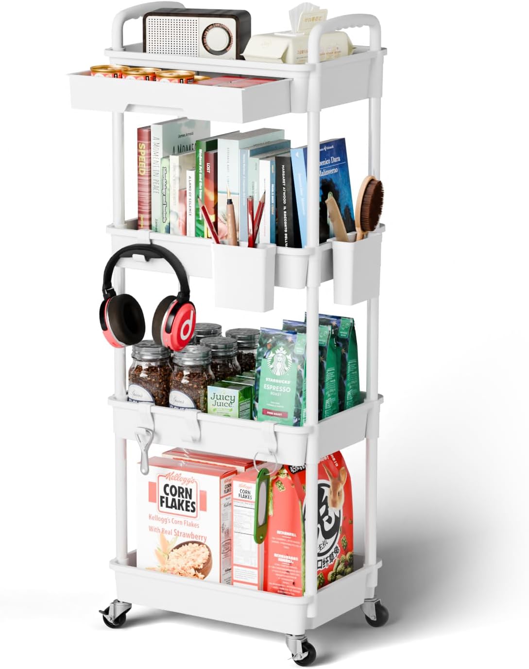 4 Tier Rolling Cart Organizer,Art Craft Diaper Bedside Snack Laundry Room Bathroom Organizer Narrow Thin Slim Rolling Trolley Utility Cart with Wheels for Kitchen,Office(White)