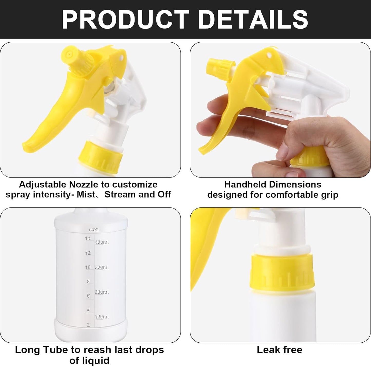 Eccliy 12 Pcs 16 Oz Plastic Spray Bottle, Adjustable Empty Reusable Sprayer for Cleaning, Planting, Water, Bathroom and Kitchen, BBQ, Commercial and Residential(Yellow,Measurement)
