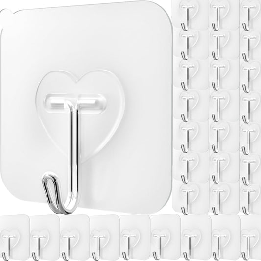 DGYB 30 Pcs Clear Adhesive Hooks for Hanging 22lb Self Adhesive Wall Hooks Heavy Duty Waterproof Transparent Sticky Hooks for Shower Home Bathroom Kitchen Office