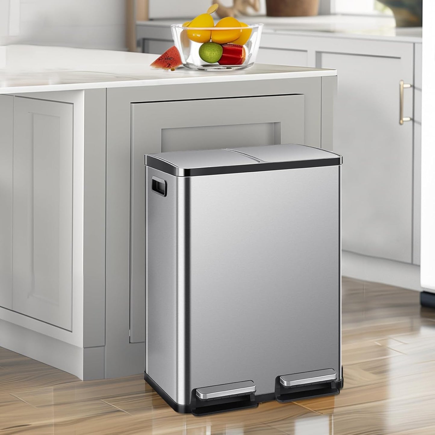 DUMOS Kitchen Trash Can, 2×8-Gallon Garbage Can with Lid, Stainless Steel Trash Bin with 2 Removable Inner Buckets, Soft-Close Foot Pedal, Fingerprint-Resistant for Kitchen Home Office