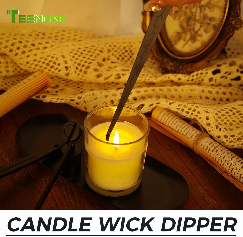 4 in 1 Candle Accessory Set with Storage Tray Plate, Candle Wick Trimmer, Candle Wick Snuffer, Candle Wick Dipper (Black)