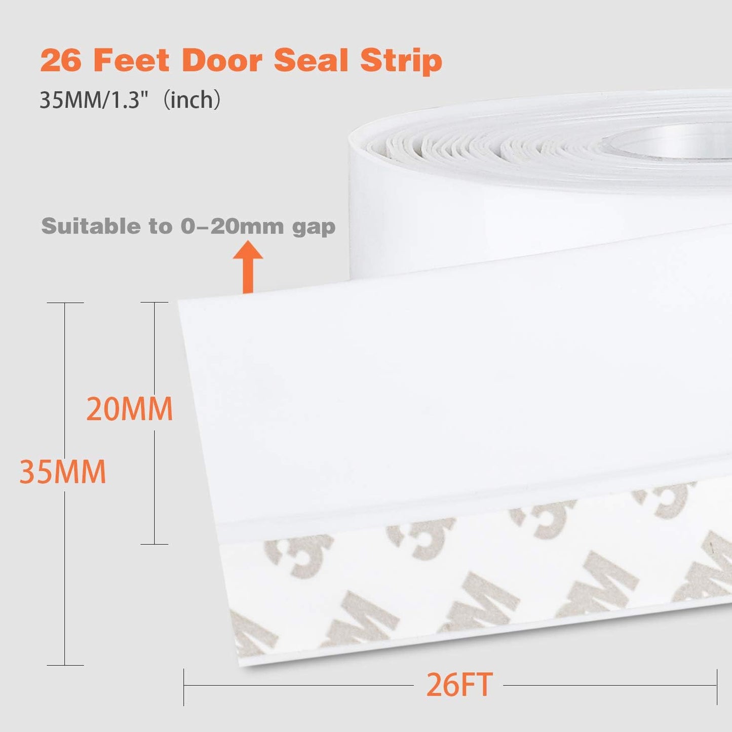 26 Feet Silicone Seal Strip, Weather Stripping Seal Tape for Door, Window & Shower Glass Gaps (White, 35MM)