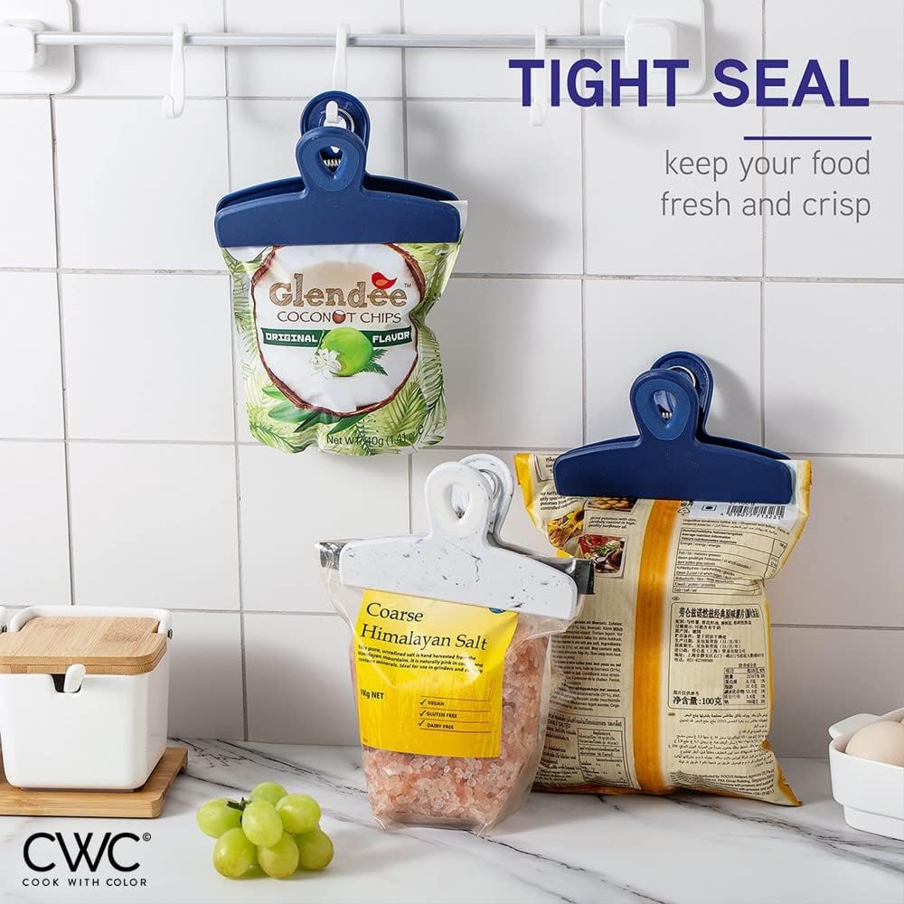 COOK WITH COLOR Bag Clips - Heavy Duty Chip Clip and Refrigerator Magnet Clips for Food Storage with Air Tight Seal Grip, Blue and White, Pack of 8 Large Clips