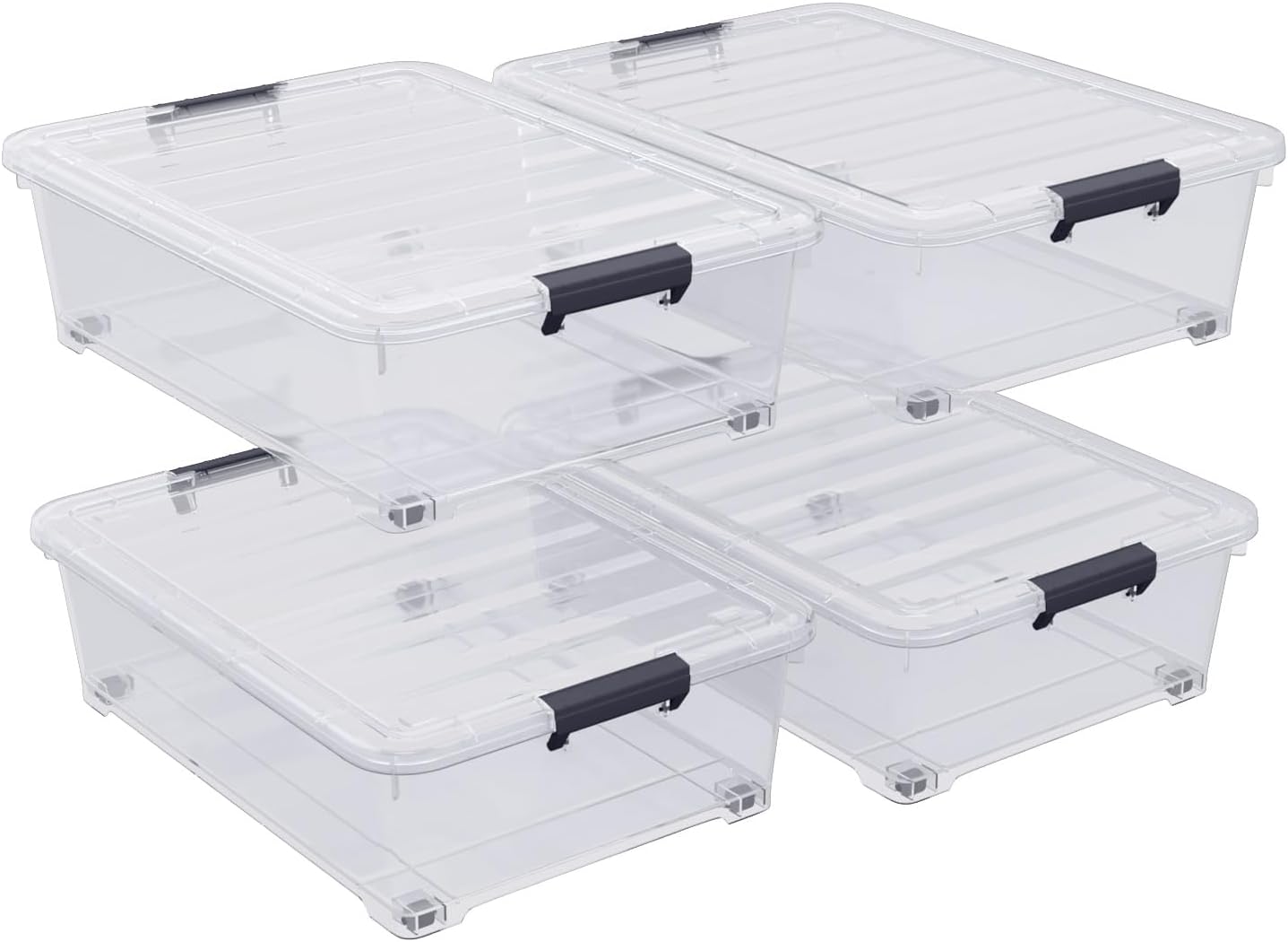 4-Pack 25L Plastic Under Bed Storage Organizer Bin Container with Latch Lids and Wheels, Clothes Storage Box Rolling Underbed, Clear