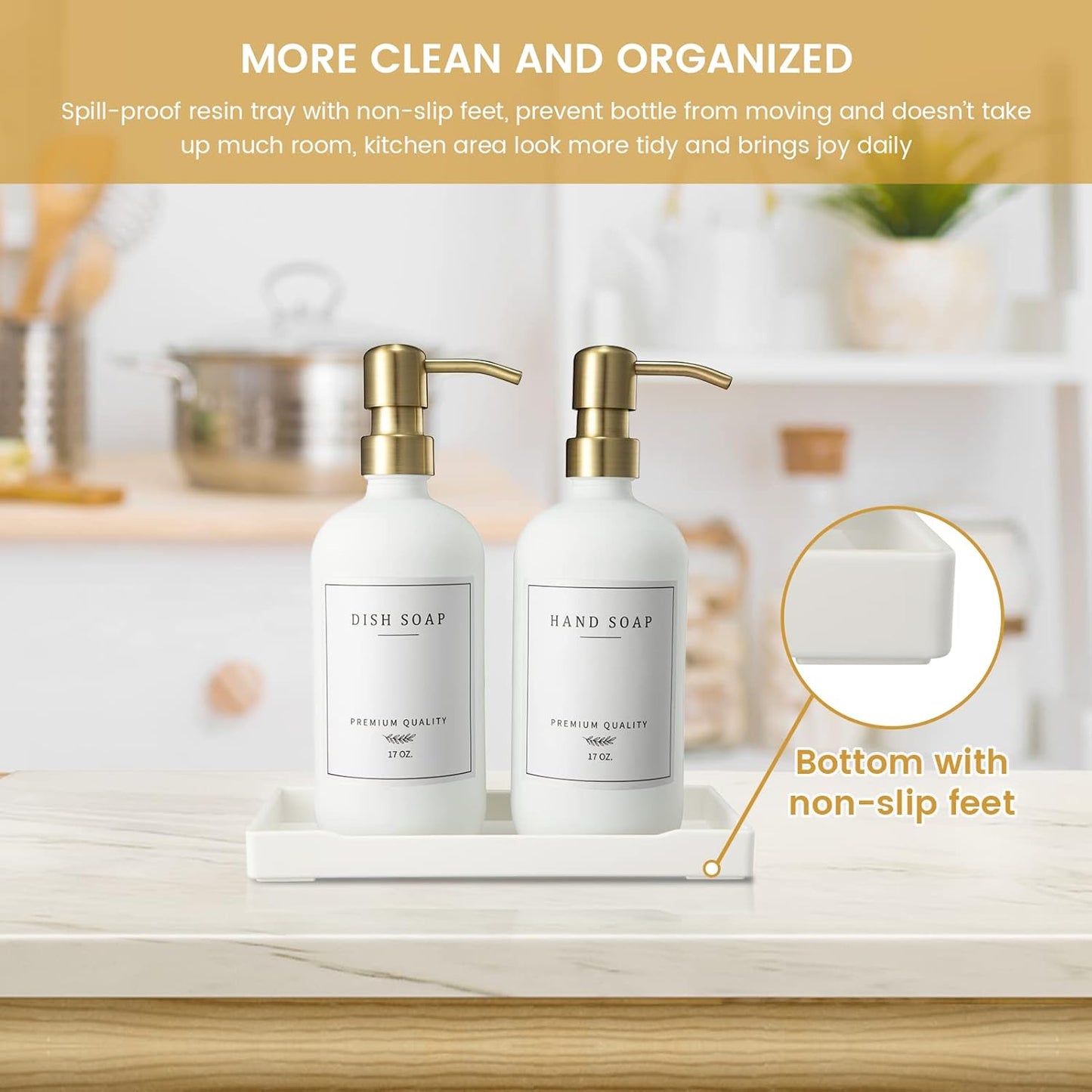 Glass Soap Dispenser for Kitchen Sink,Farmhouse Kitchen Dish Soap Dispenser&Hand Soap Dispenser Set,Rustproof Pump Soap Lotion Dispenser Bathroom with Tray,Waterproof Label for Decor(White