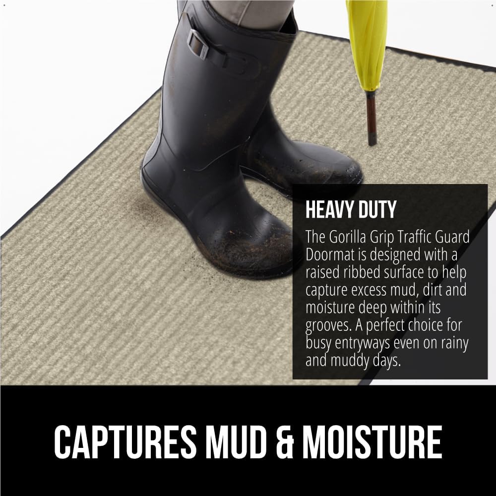 GORILLA GRIP Traffic Guard Door Mat, 47x35, Heavy Duty Welcome Mats, Commercial Office Space Doormat, Waterproof, Fade Resistant, Strong Rubber Backing, Low Profile, Shoe and Boot Scraper, Light Gray