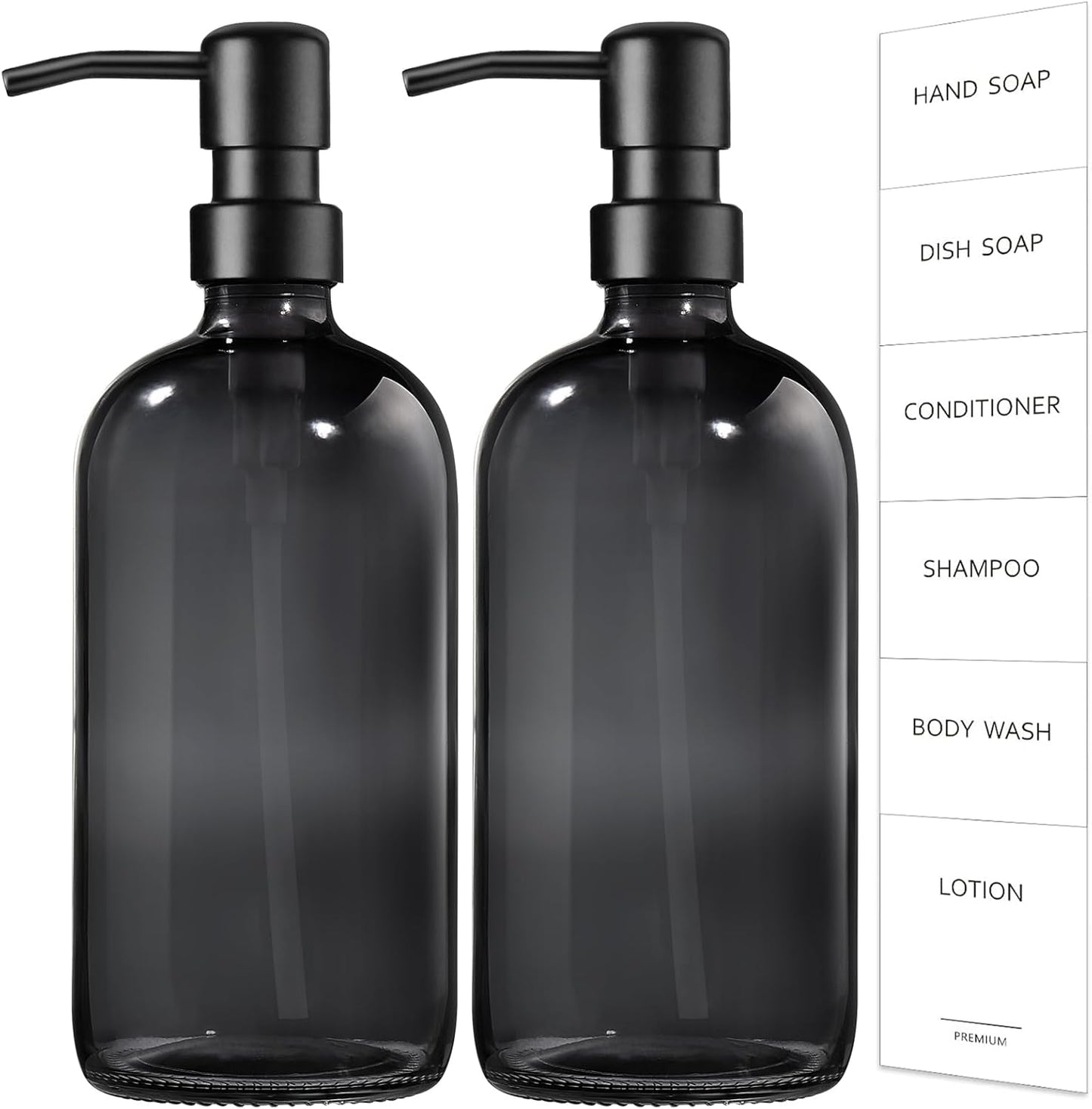 GMISUN Black Soap Dispenser, 2 Pack Hand Soap Dispensers for Bathroom, 17 Fl Oz Dish Soap Dispenser for Kitchen with Stainless Steel Pump, Modern Liquid Soap Bottle Set