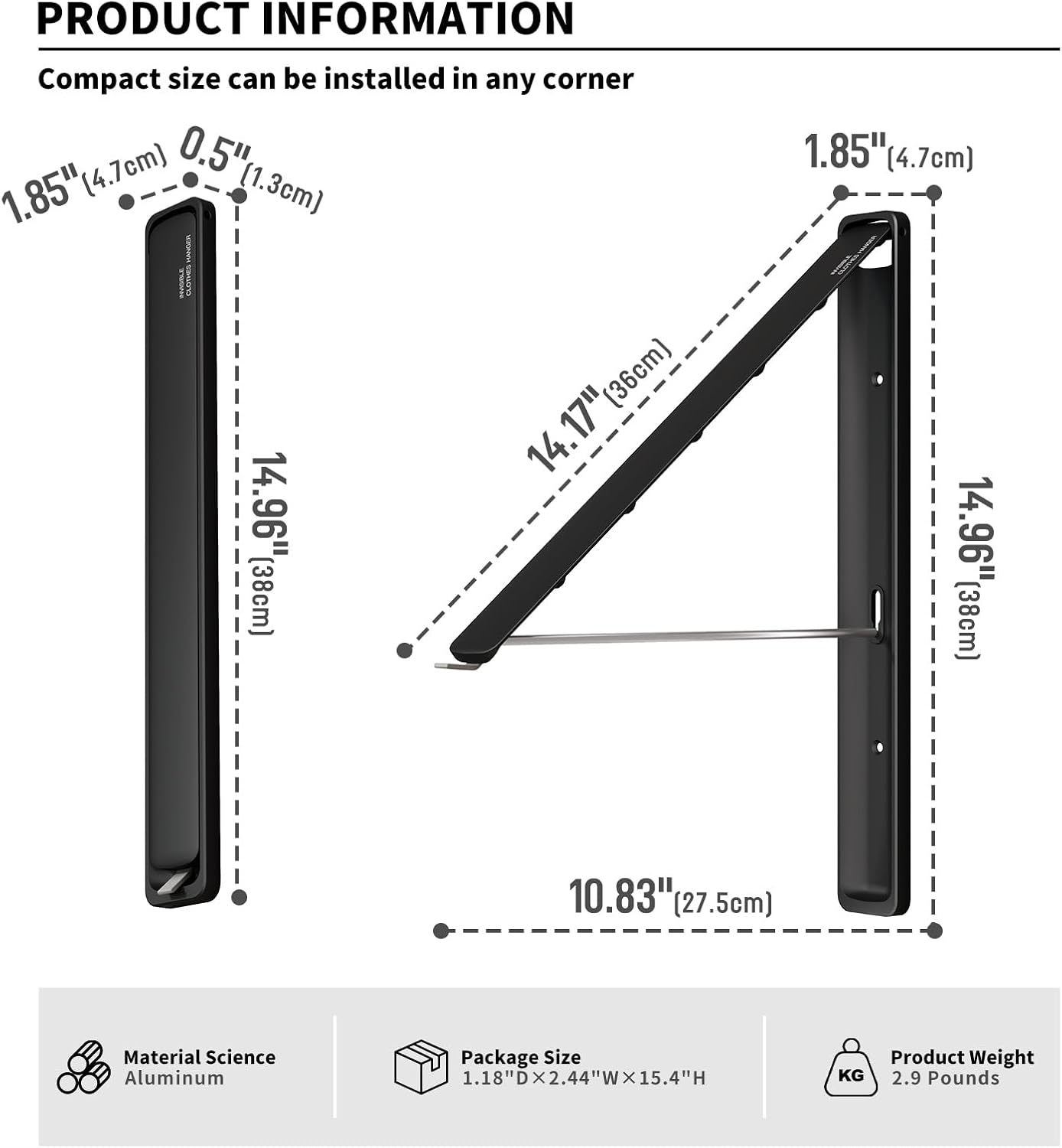Clothes Drying Rack for Laundry Drying Rack Wall Mounted Clothes Hanger Rack Retractable Laundry Hanger Dryer Rack Space Saving Closet Organizer Aluminium (Black)