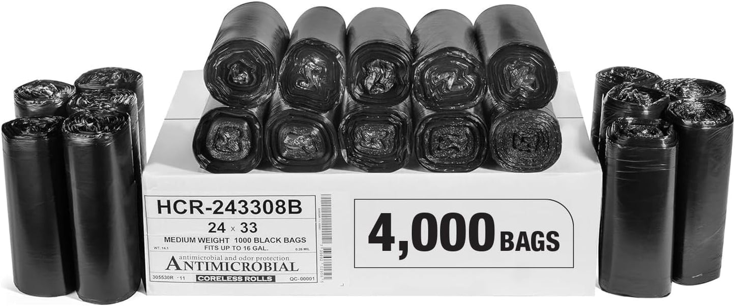 Aluf Plastics High Density Trash Bags, 16 Gallon, 4000 Count, 8 Micron (eq), 24" x 33", Black, for Bathroom, Office, Industrial, Commercial, Janitorial, Municipal, Recycling