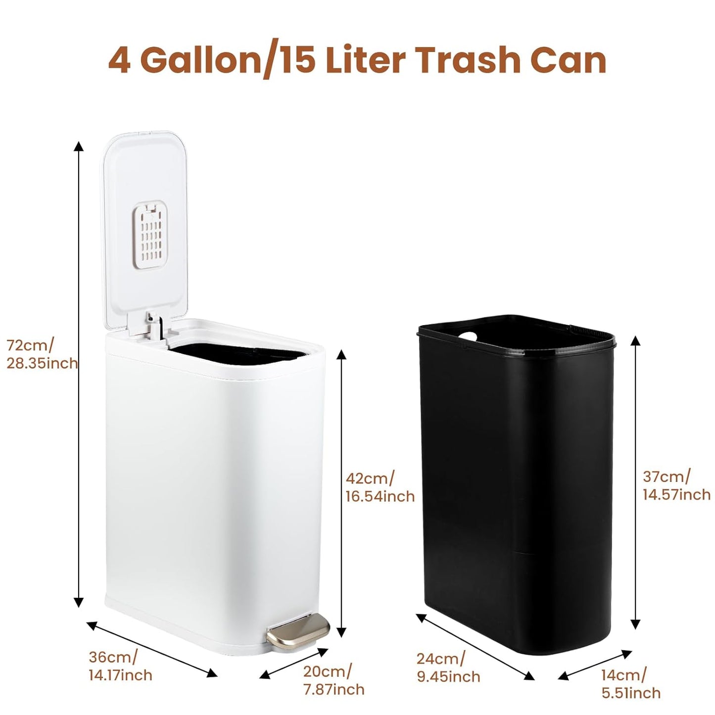 BETHEBEST Bathroom Trash Can with Lid,Stainless Steel Garbage Can with Removable Inner Bucket,Soft Close,Step Pedal,15 Liter/4 Gallon Trash Can for Bathroom,Bedroom,Kicthen,Office(White)