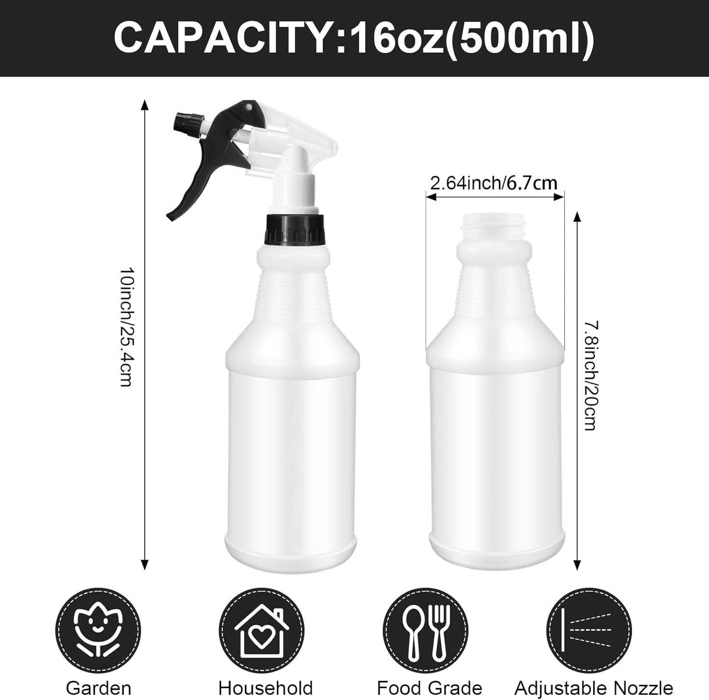 Eccliy 12 Pcs 16 Oz Plastic Spray Bottle, Adjustable Empty Reusable Sprayer for Cleaning, Planting, Water, Bathroom and Kitchen, BBQ, Commercial and Residential(Black&white,Original)