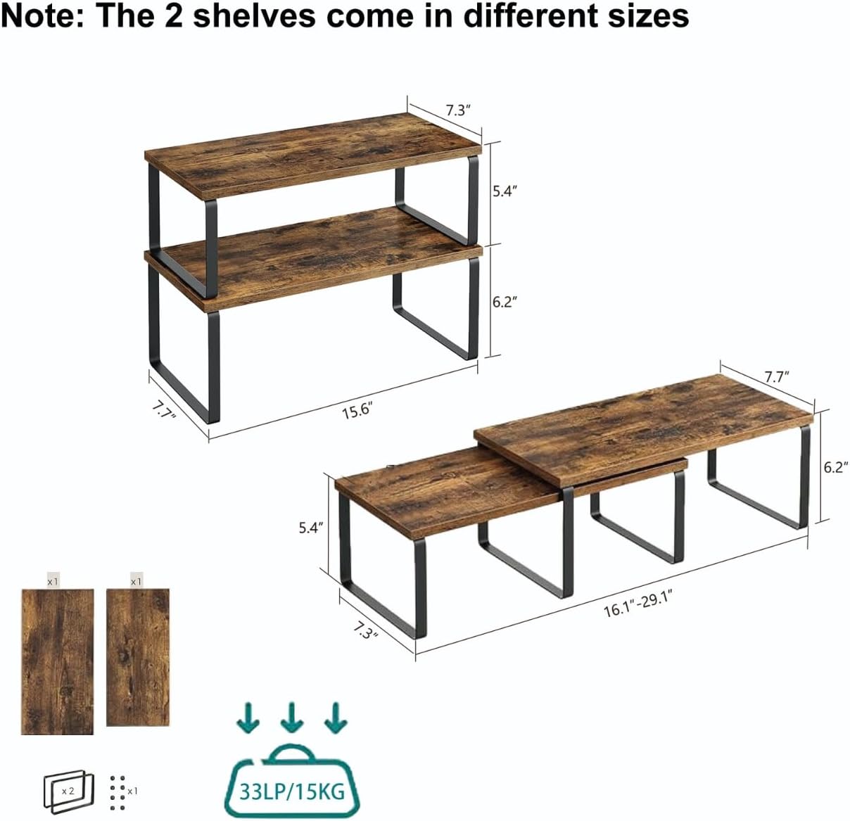 Cabinet Organizer Shelf, Kitchen Counter Storage, 2-Piece Set, Stackable Spice Rack, Metal and Wood (Black and Rustic Brown)
