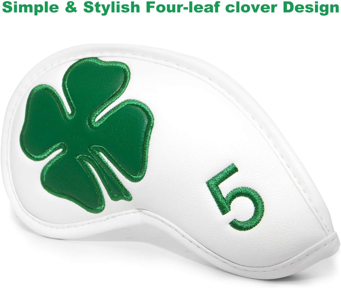 Golf Iron Covers Golf Iron Head Covers Leather Golf Iron Covers for Golf Clubs 10pcs Golf Iron Headcovers Lucky Clover Golf Club Head Covers for Iron with Magic Tape Fit All Brands