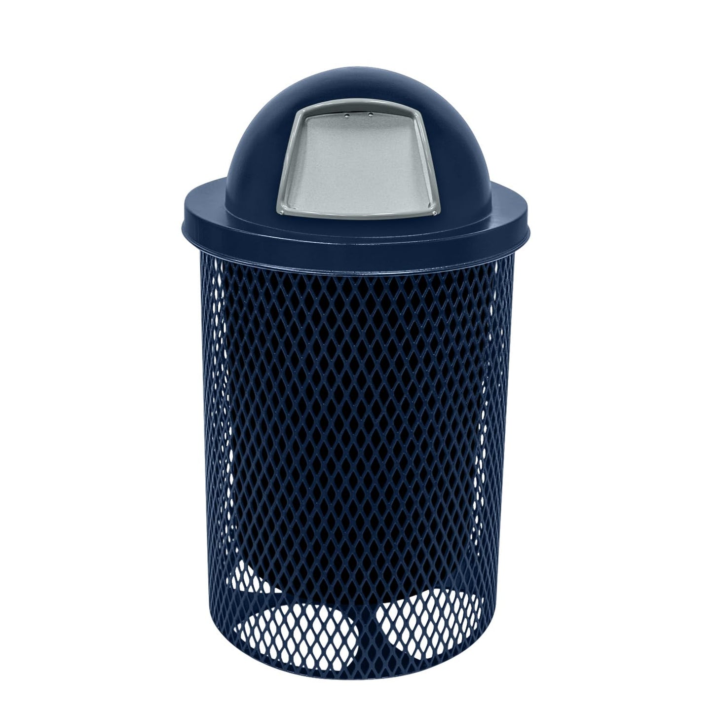 COATEDOUTDOORFURNITURE RDT-TXTDBL Heavy Duty 32 Gallon Round Trash Receptacle, Liner Included, Textured Dark Blue with Black Dome, Made in America