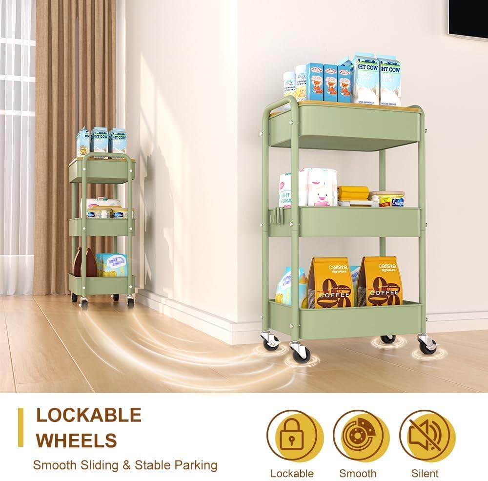 3 Tier Metal Utility Cart, Rolling Storage Cart with Wooden Tabletop, Metal Organizer Cart with Lockable Wheels for Office, Bedroom, Kitchen and Living Room (Green)