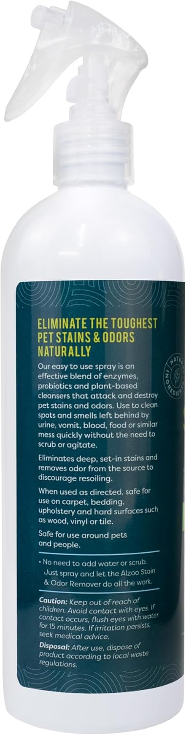 ALZOO Stain & Odor Remover, Quickly Lifts & Dissolves Pet Stains & Helps Eliminate Odors, 100% Plant-Based Active Ingredients, Citrus Vanilla Scent, 16 Fl. Oz Spray Bottle