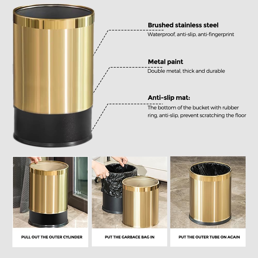 2.6Gallon/10L Brass Gold Bathroom Trash Can - Gold Waste Basket for Bedroom, Office, Store - Metal Trash Bin Without Lid