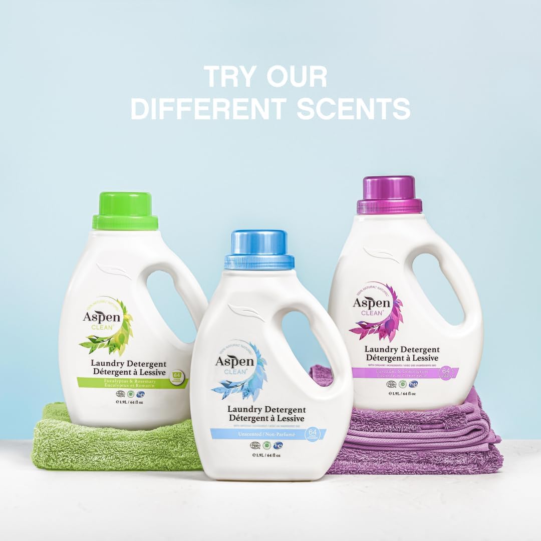 AspenClean Natural Laundry Detergent Unscented - 100% Natural, Organic, HE Liquid Laundry Detergent- Vegan, Non-Bio, Cruelty-Free, Biodegradable - Safe for Babies, Pets & Kids - EWG Certified (2 pack)