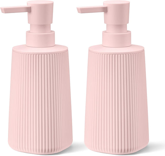 Pink 2 Pack Hand Soap Dispensers with No Rust Pump for Bathroom Kitchen or Vanity Countertops Refillable Striped Matte Plastic 8.5 oz Cute Design for Girls Room Decor