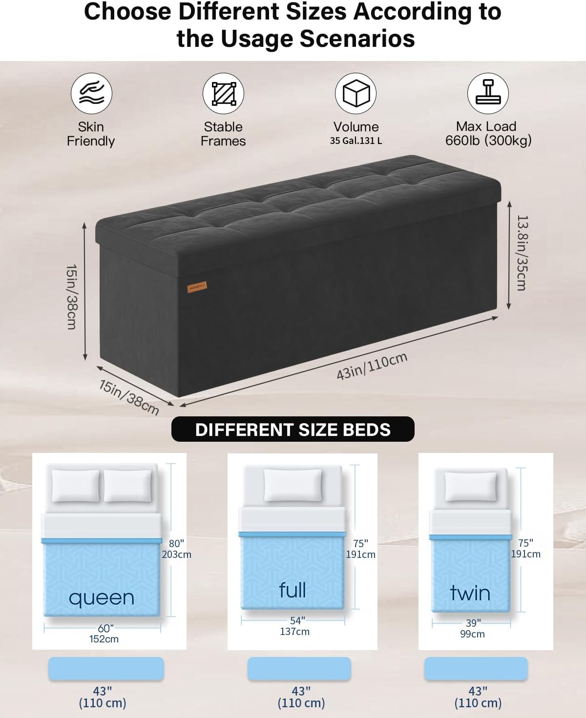 Folding Storage Ottoman, Velvet Storage Bench, Footrest, Removable Divider, for Living Room, Bedroom, 15 x 43 x 15 Inches, 660 lb Load Capacity, Ink Black UASND02B