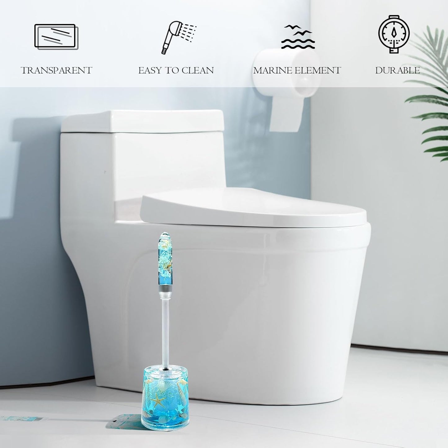 FONMY Toilet Brush and Holder Acrylic with Nature Seashell,Compact Size Toilet Bowl Brush with Plastic Handle Easy to Hide, Drip-Proof,Space Saving for Storage,Easy to Assemble,Deep Cleaning, (Blue)