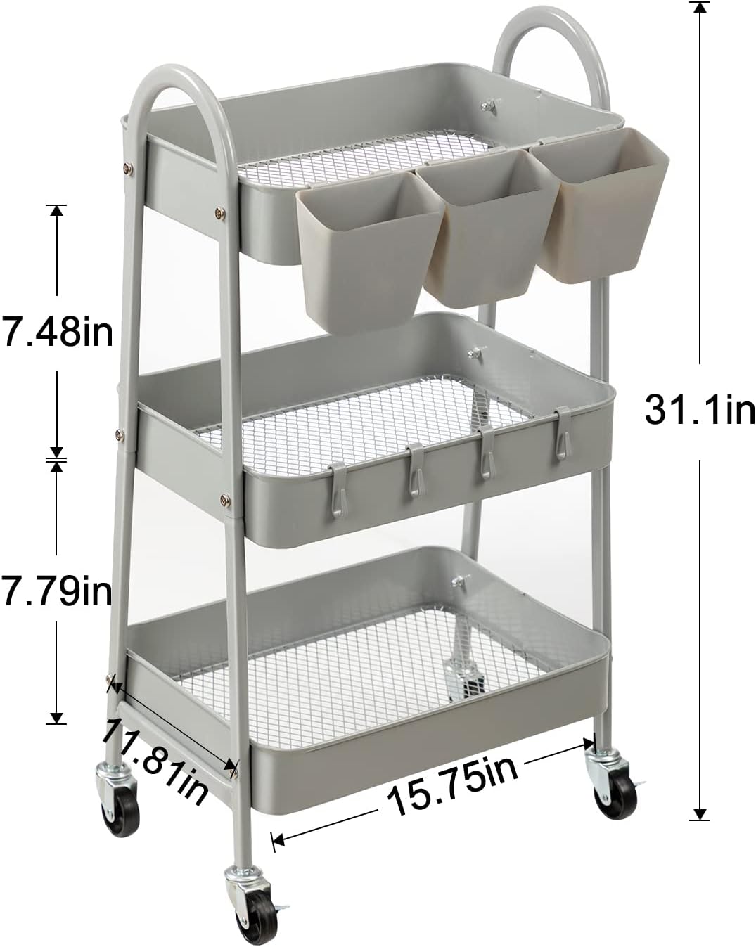 danpinera 3-Tier Rolling Cart, Metal Rolling Storage Cart with Lockable Wheels & Hanging Cups & Hooks, Mobile Trolley Cart for Kitchen, Bathroom, Office, Workshop, Gray
