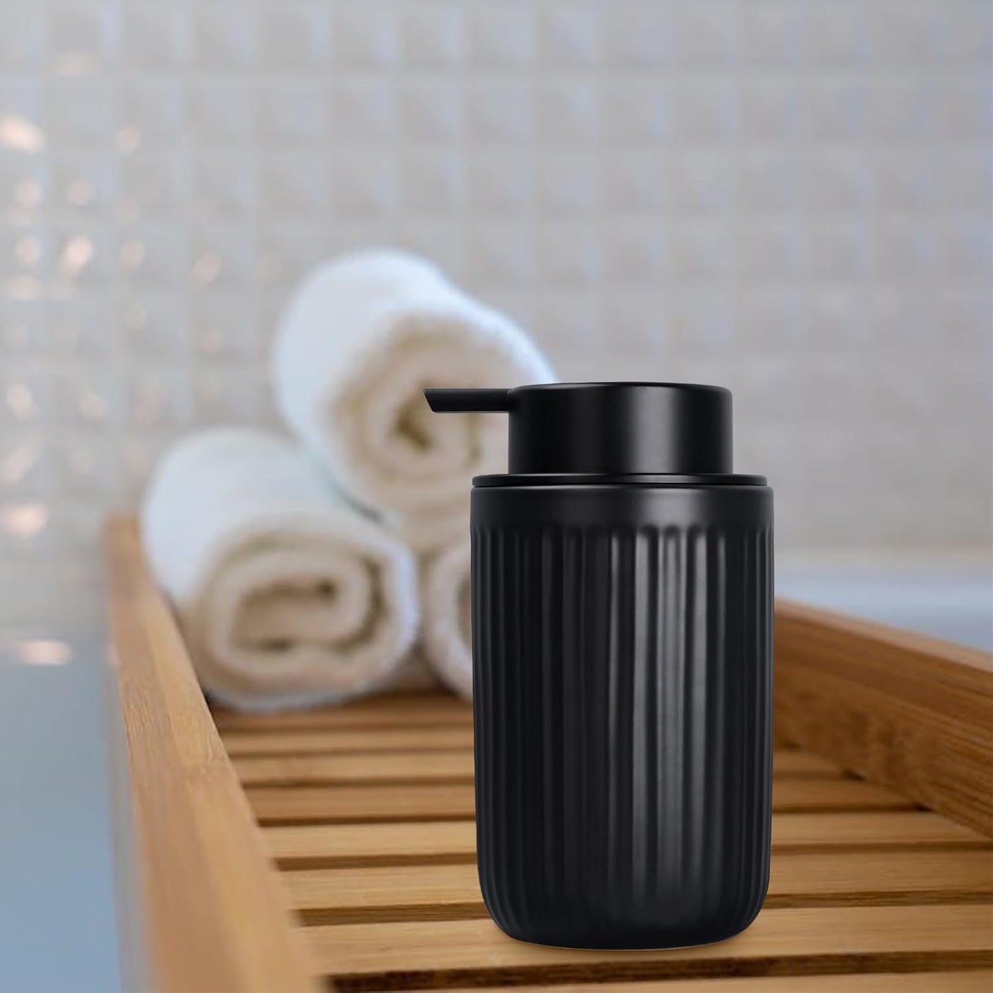 BosilunLife Foam Hand Soap Dispenser - Ceramic Black Foaming Soap Dispenser for Bathroom 12oz Refillable Liquid Lotion Soap Dispenser with Rust-Proof foaming Pump for Countertop