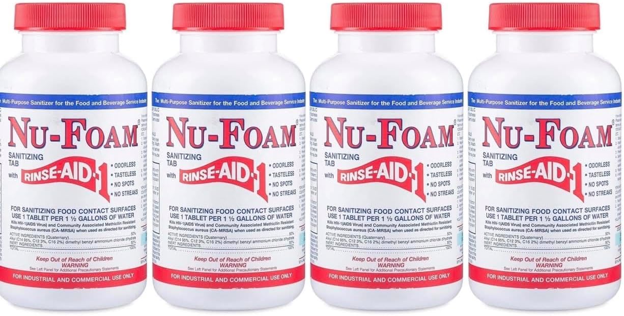 Nu-Foam Sanitizing Tablets for Bar Glassware – Superior Rinse Aid - Hand Washing Bar, Brewery Supplies - Spotless Serving Glasses - Professional - 4 Pack 400 Tablets/ 2,400 Quarts Sanitizing Solution