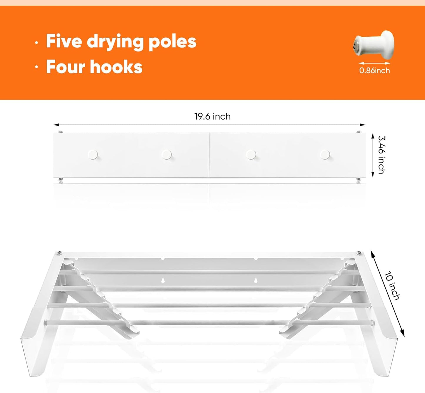 Clothes Drying Rack 20 inches Foldable Wall Mount Laundry Rack Folding Indoor Drying Rack Clothing Collapsible Hidden Space Saver with Wall Template 6 Rods White