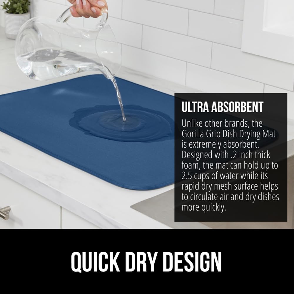 GORILLA GRIP Ultra Water Absorbent Microfiber Dish Drying Mat, 18x32, Quick Dry Thick Mesh, Slip Resistant Pad for Sink Dishes or Under Rack, Kitchen Counter Accessories, Machine Wash, Blue