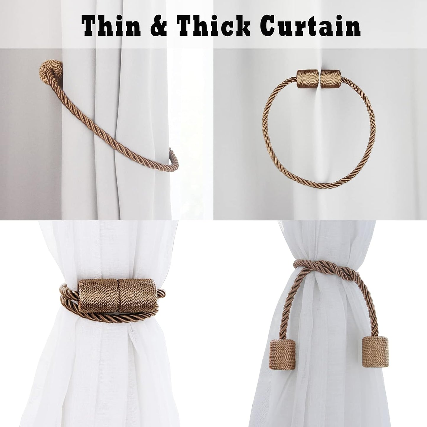 4 Pack Strong Magnetic Curtain Tiebacks Outdoor Elegant Decorative Tie Backs Modern Rope Tiebacks for Drapes Window Curtain Holdbacks for Draperies- Khaki