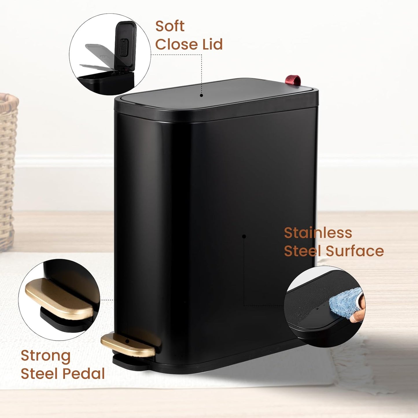 BETHEBEST Bathroom Trash Can with Lid Soft Close,Stainless Steel Step Trash Can with Removable Inner Wastebasket,Black Garbage Can for Bathroom,Bedroom,Kitchen(15 Liter/4 Gallon)