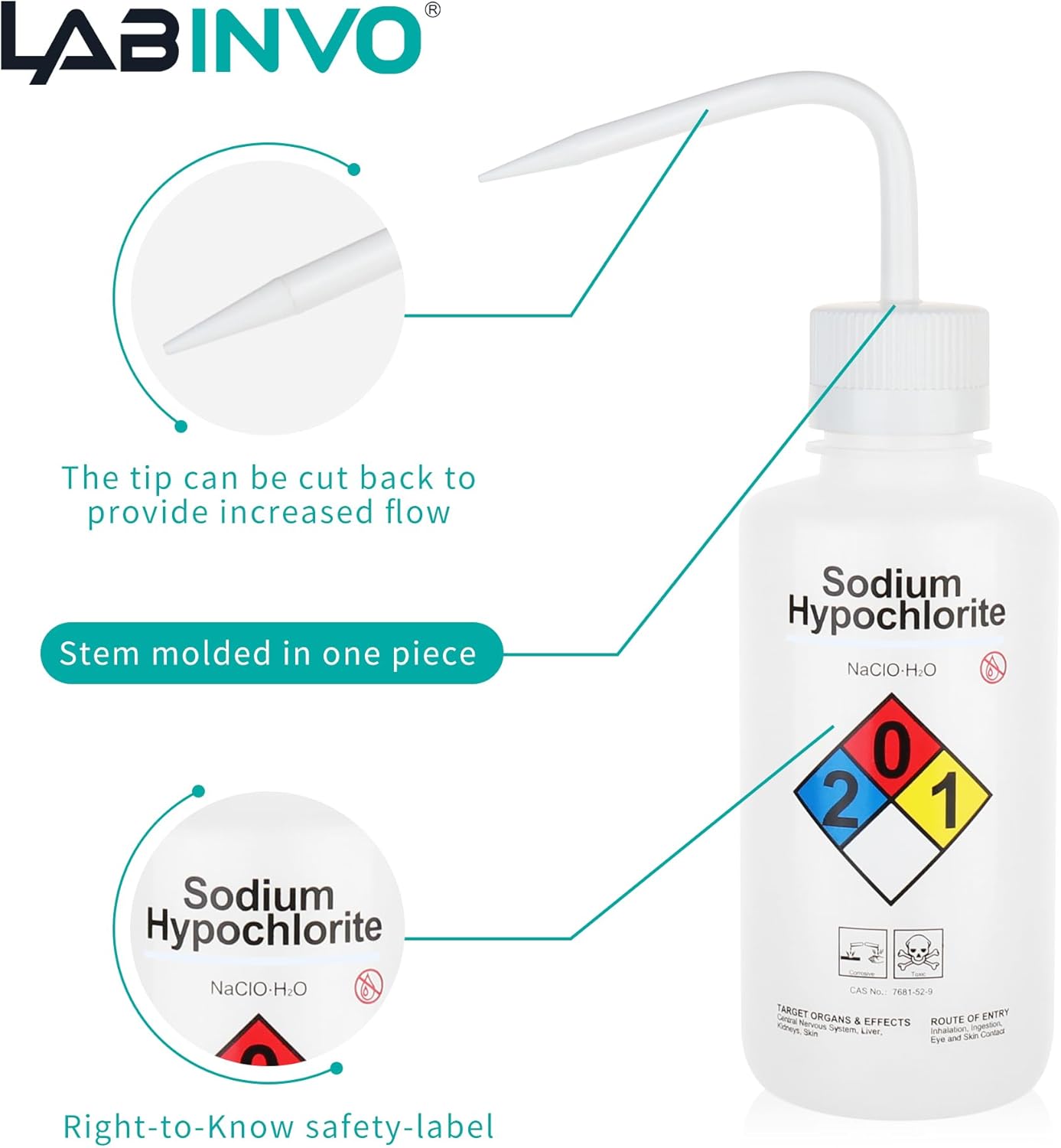 4pcs of Sodium Hypochloride Wash Bottles, Vol.500ml (17oz), Narrow Mouth, Self-Venting Safety Wash Bottles, LDPE Material, IN-WBS500