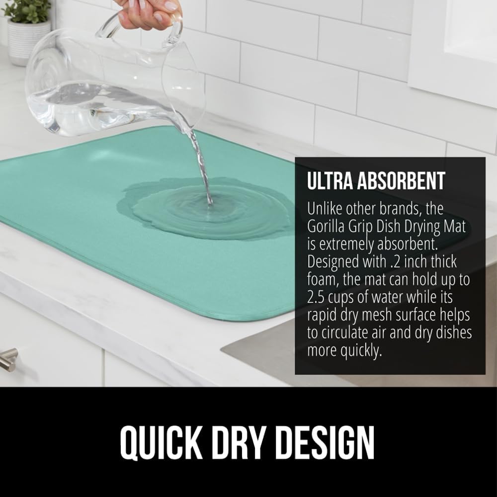 GORILLA GRIP Ultra Water Absorbent Microfiber Dish Drying Mat, 18x32, Quick Dry Thick Mesh, Slip Resistant Pad for Sink Dishes or Under Rack, Kitchen Counter Accessories, Machine Wash Mats, Mint