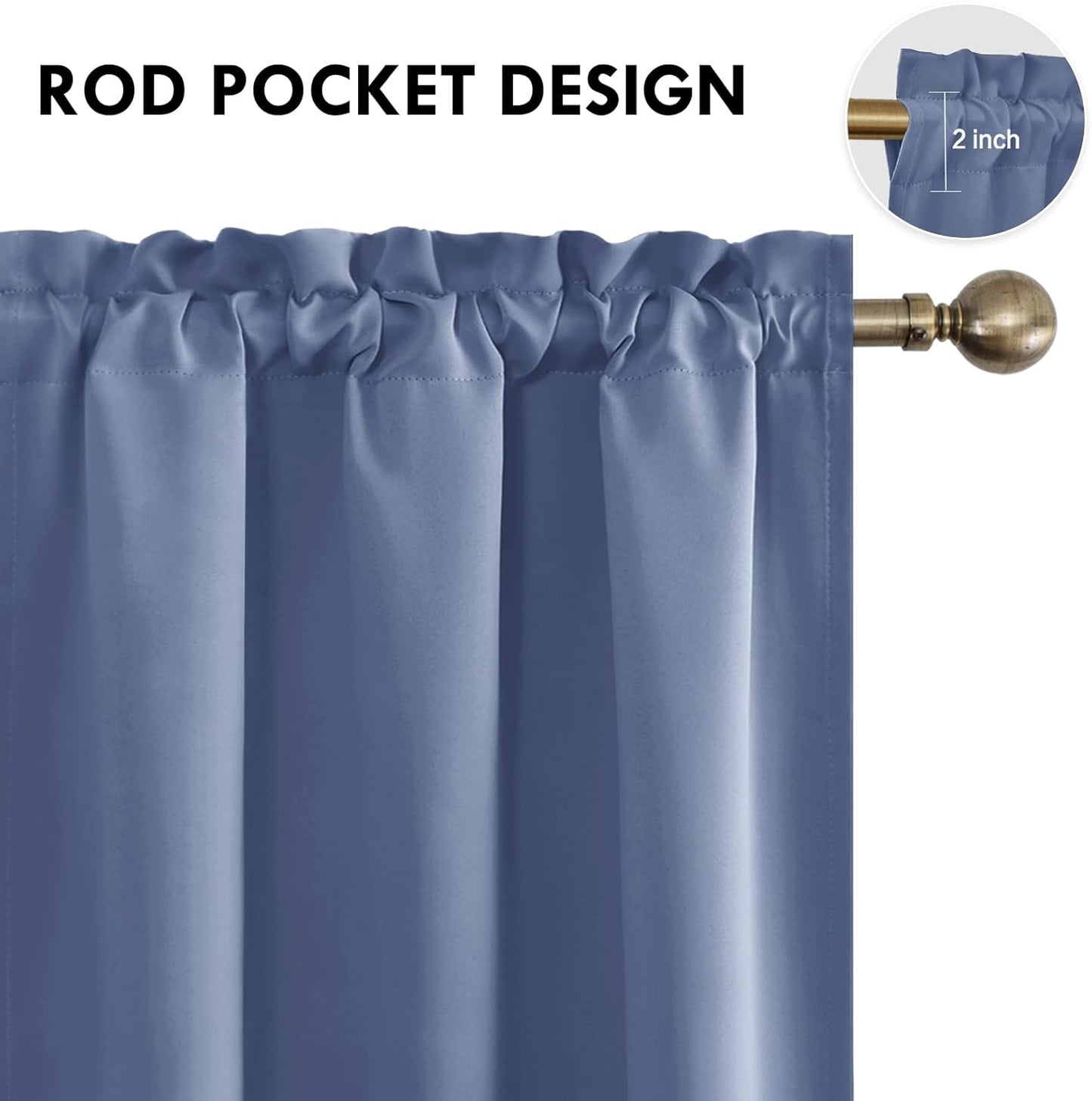 DWCN Blackout Curtains – Thermal Insulated, Energy Saving & Noise Reducing Bedroom and Living Room Curtains, Dusty Blue, W 38x L 63 Inch, Set of 2 Rod Pocket Curtain Panels