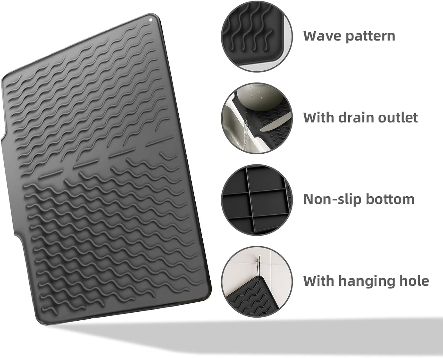 Dish drying mats for kitchen counter, Silicone dish drying mat ,Heat resistant mats for countertop,With drain port ,Stone drying mat for kitchen counter (15.6" x 13", black)