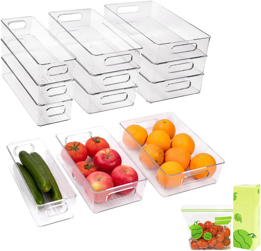 9 Pack Refrigerator Organizer Bins,3 Sizes Clear Pantry Storage with Handles and 30 PCS Plastic Bags for Fridge, Freezer, Shelves, Drawer, Bins, Snack Organizer for Home & Kitchen