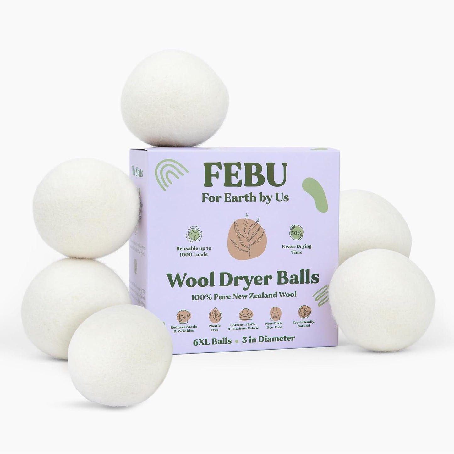 FEBU Wool Dryer Balls, 6-Pack, XL | 100% New Zealand Wool | Natural, Reusable Fabric Softener | Alternative to Dryer Sheets | Reduces Wrinkles, Shortens Drying Time, Zero Waste