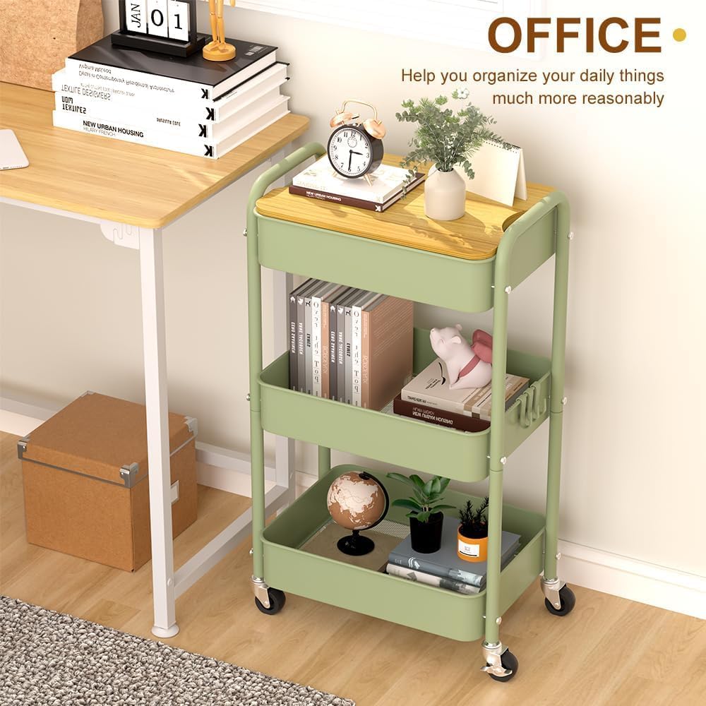 3 Tier Metal Utility Cart, Rolling Storage Cart with Wooden Tabletop, Metal Organizer Cart with Lockable Wheels for Office, Bedroom, Kitchen and Living Room (Green)
