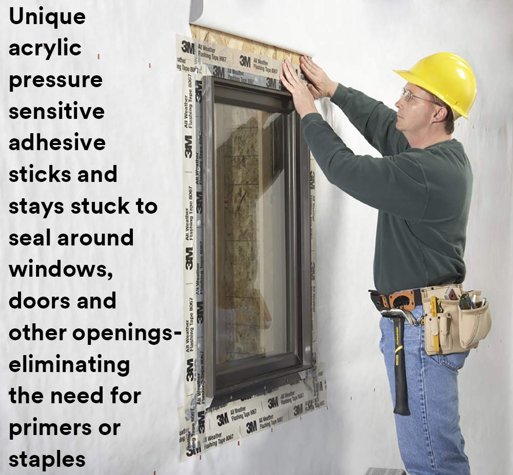 3M All Weather Flashing Tape 8067, 9 in x 75 ft, 1 Roll, Adhesive Backed Split Liner, Prevents Moisture Intrusion, Waterproof Flashing Seals Doors, Windows, Openings in Wood Frame Construction