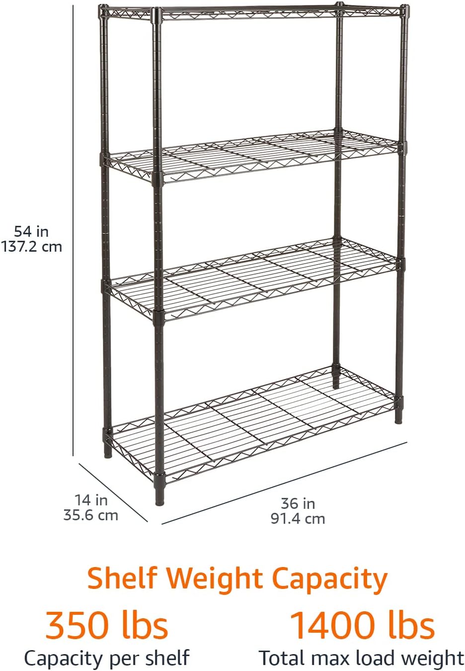 Amazon Basics 4-Shelf Adjustable Heavy Duty Steel Wire Rack Storage Shelving Organizer for Kitchen, Garage, 36" L x 14" W x 54" H, Black