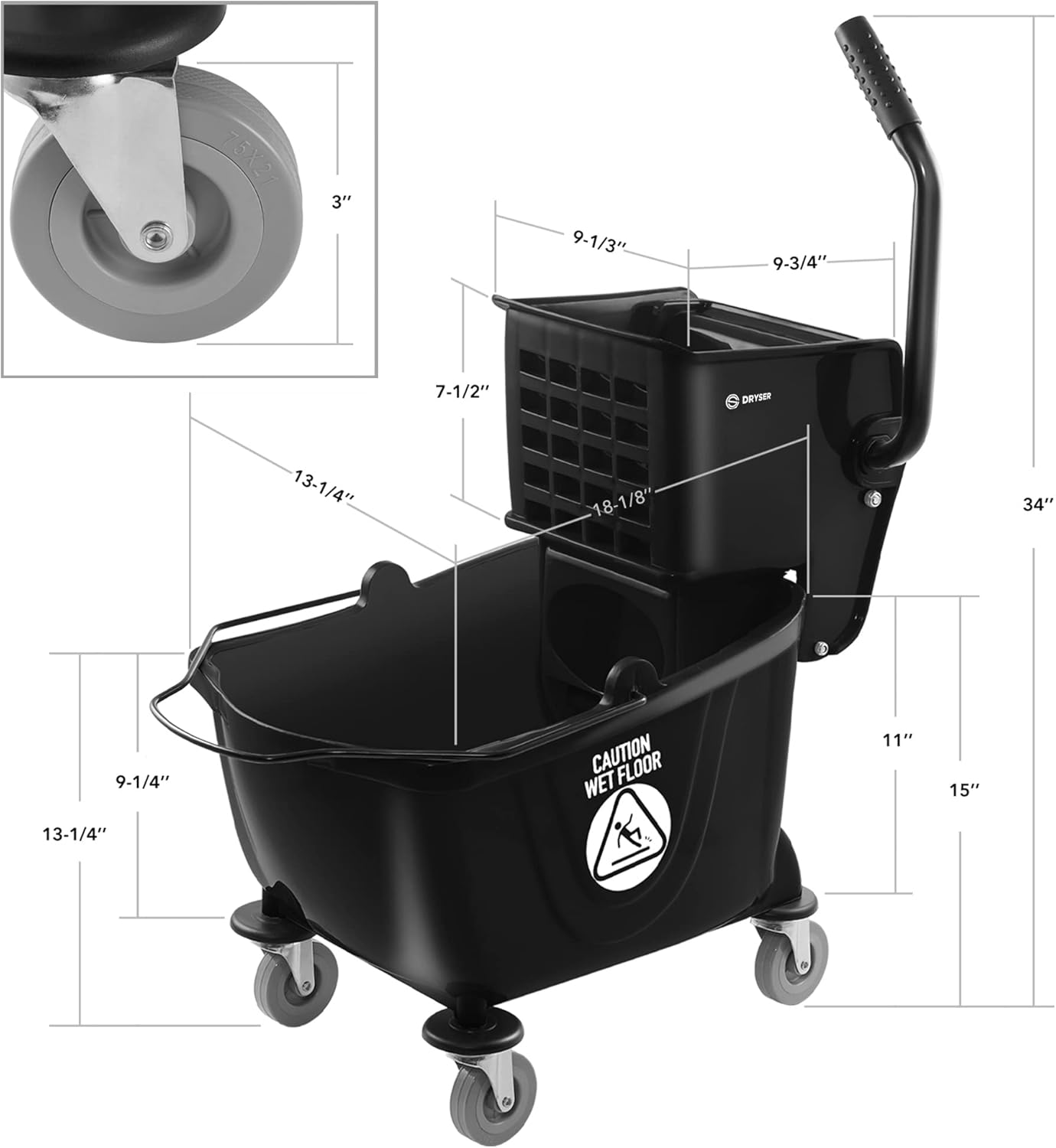 Dryser Commercial Mop Bucket with Side Press Wringer, 26 Quart, Black
