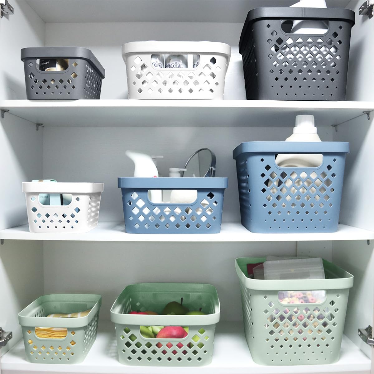 Glad Plastic Storage Basket Set, Value Pack of 6 | Open Storage Bins for Shelves, Bathroom, Pantry, Closet | Nesting Organizer Boxes with Handles, 2 Gallon, Sage