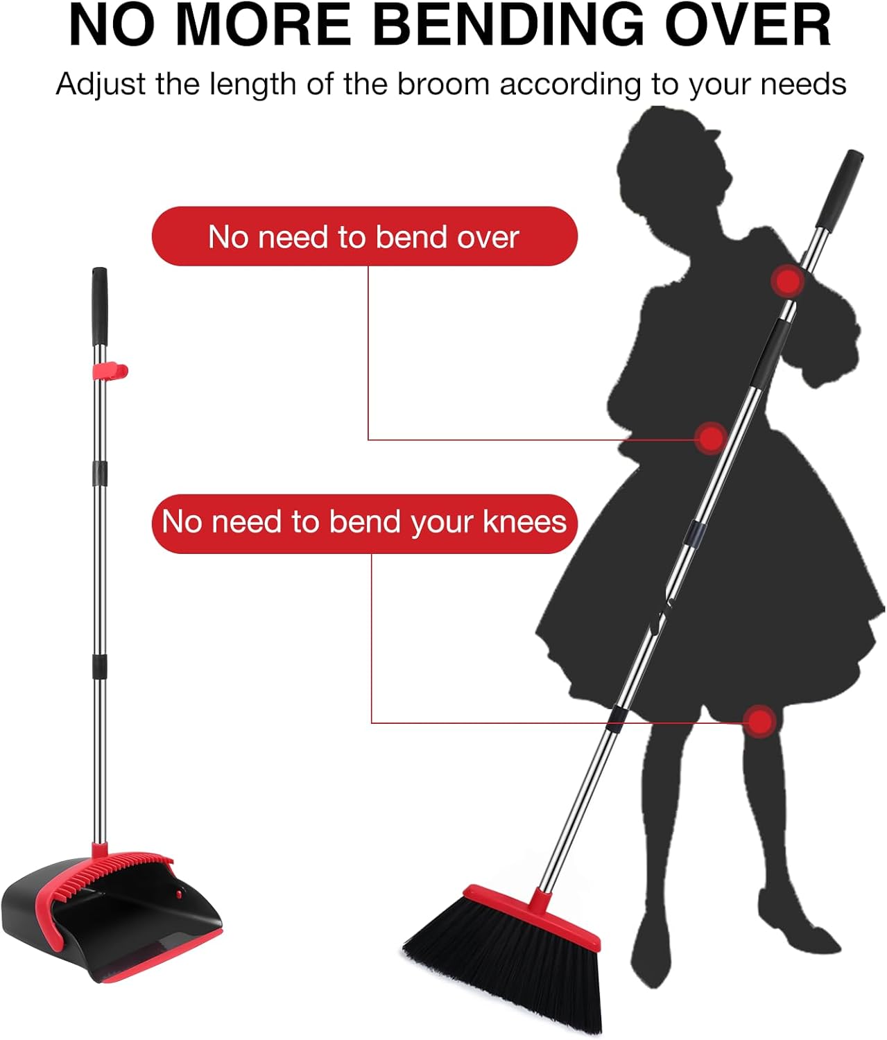 NACENA Broom and Dustpan Set, 52-in Long Adjustable Handle Broom Dustpan Combo with Dustpan Teeth to Automatically Clean Hair Suitable for Home Kitchen Office Hall Floor (Black&Red), 2 Pack