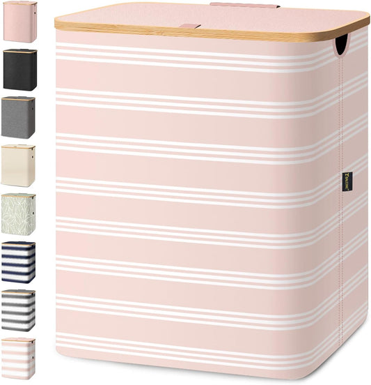 BALEINE Laundry Hamper with Lid, Tall Laundry Baskets with Bamboo Pull Handles, Large Laundry Bin with Internal Support (36 Gal/140L, Pink Pinstripe)