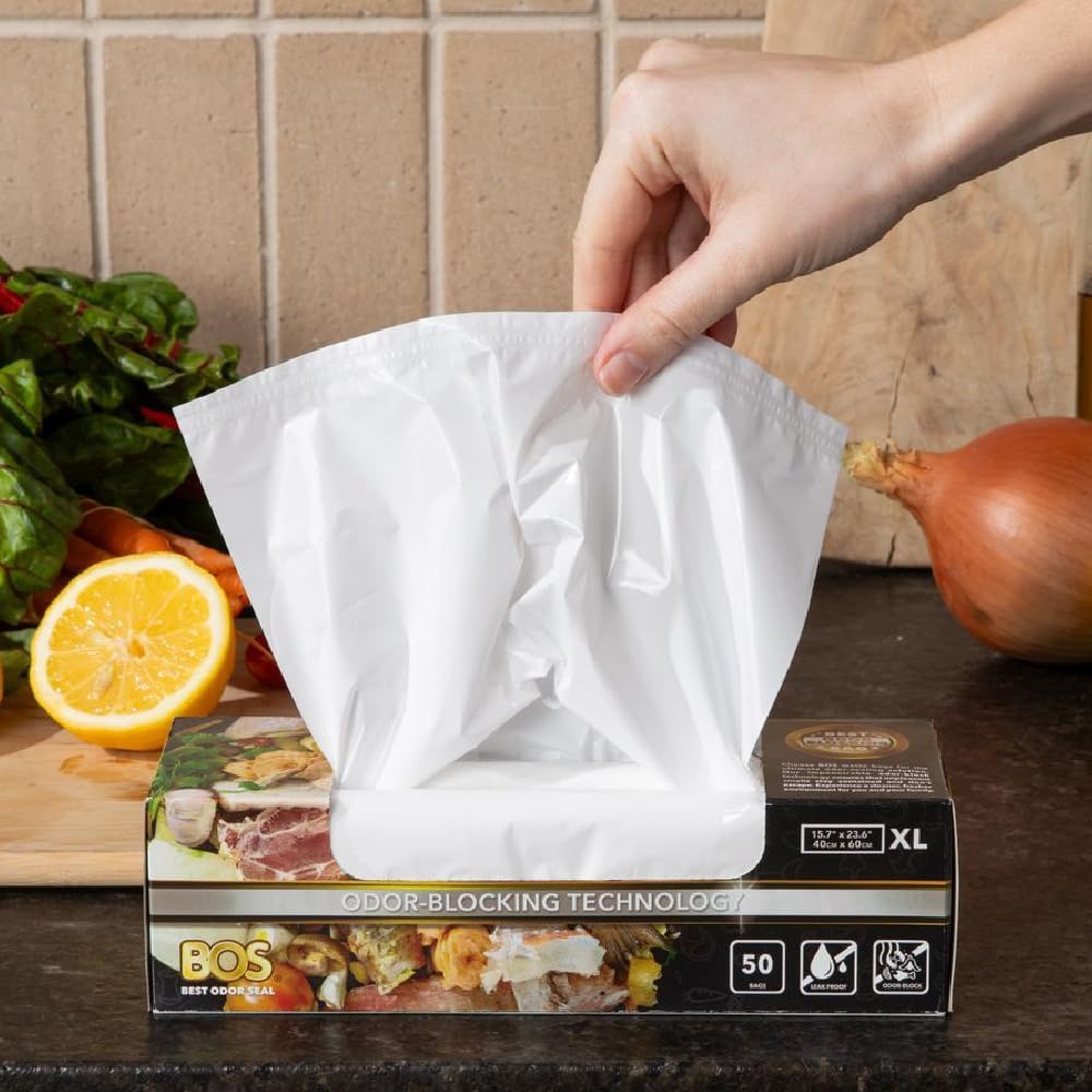 BOS Odor-Sealing Kitchen, Home & Food Small Trash Bags for Waste- Disposable Bags - Scent & Smell Free (50 Bags) [Size XL, Color White]