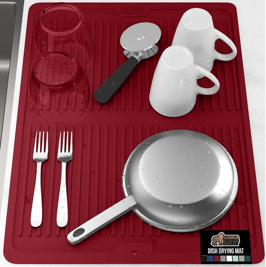 GORILLA GRIP 100% BPA-Free Patented Silicone Dish Drying Mat for Kitchen Counter, 18x24 Inch, Water Catching Ribbed Design, Easy Clean Waterproof Sink Liner, Heat Resistant, Fits Under Rack, Red