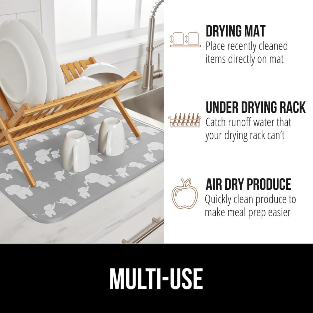 GORILLA GRIP Ultra Water Absorbent Microfiber Dish Drying Mat, 18x24, Quick Dry Mesh, Slip Resistant Pad for Sink Dishes or Under Rack, Kitchen Counter Accessories, Machine Wash, 2 Pack Elephants