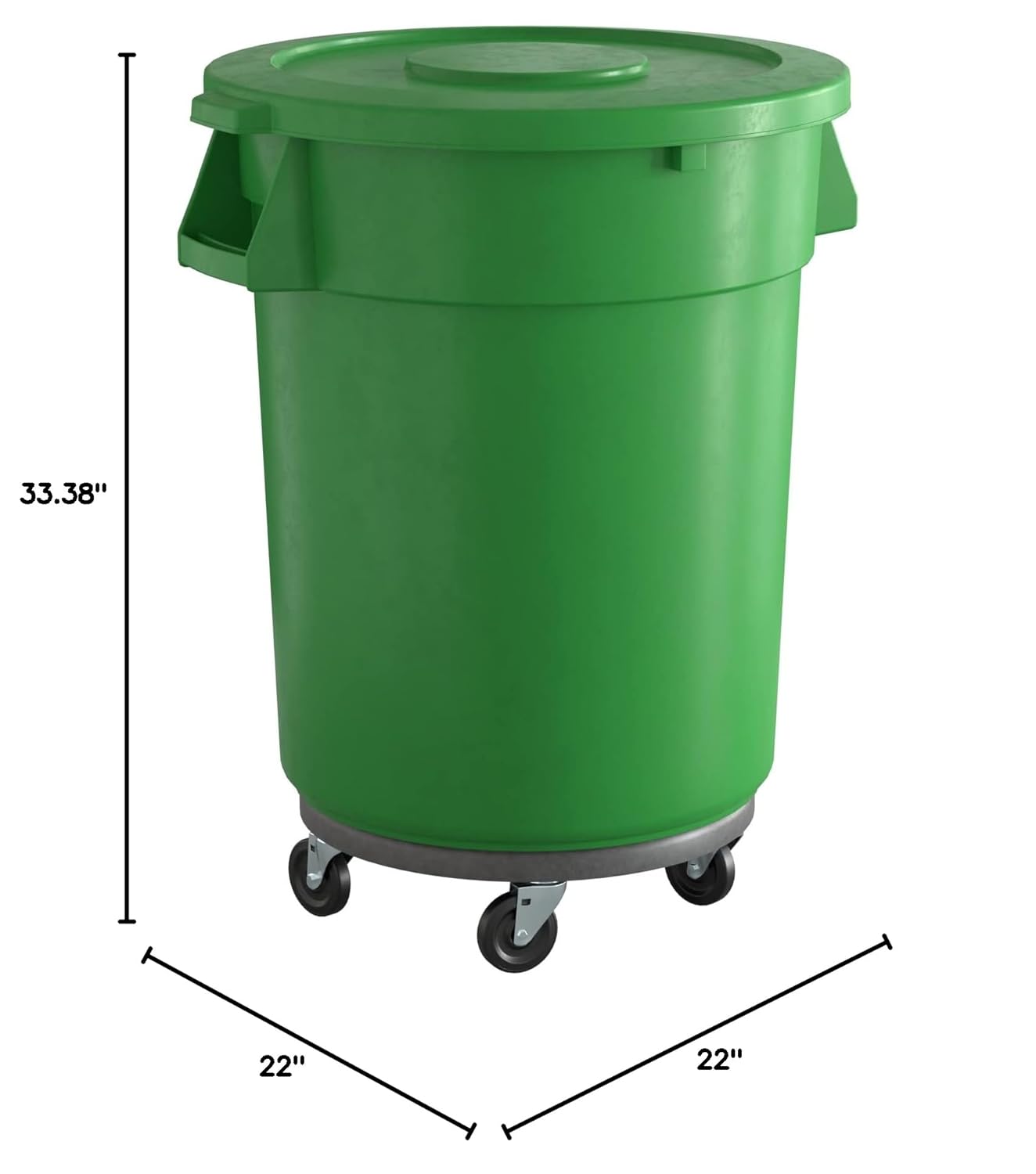 32 Gallon Green Round Commercial Trash Can with Lid and Dolly