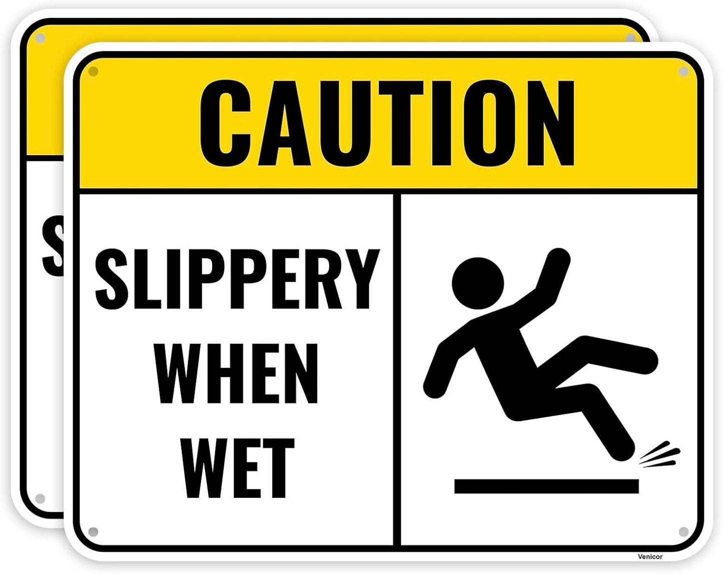 2PC Slippery When Wet Sign, 10 x 8 Inches - Aluminum - Caution Wet Floor Sign 2 Pack